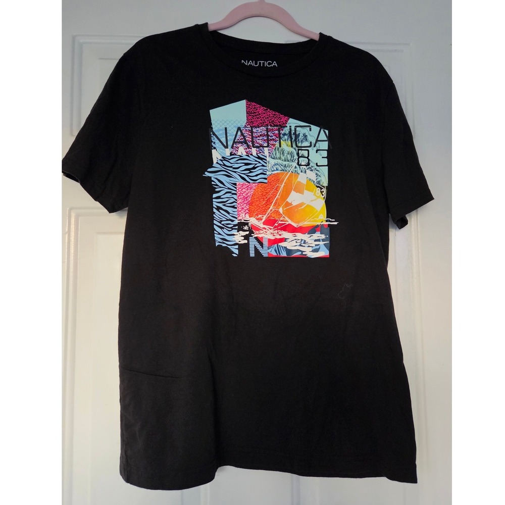 Nautica Mens Black Graphic T-Shirt Sailboat Collage Print Size L Cotton Tee
